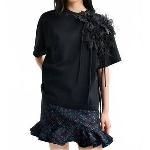 ESSENTIEL ANTWERP ibiscus embellished tee feathers black small Anthropologie NEW